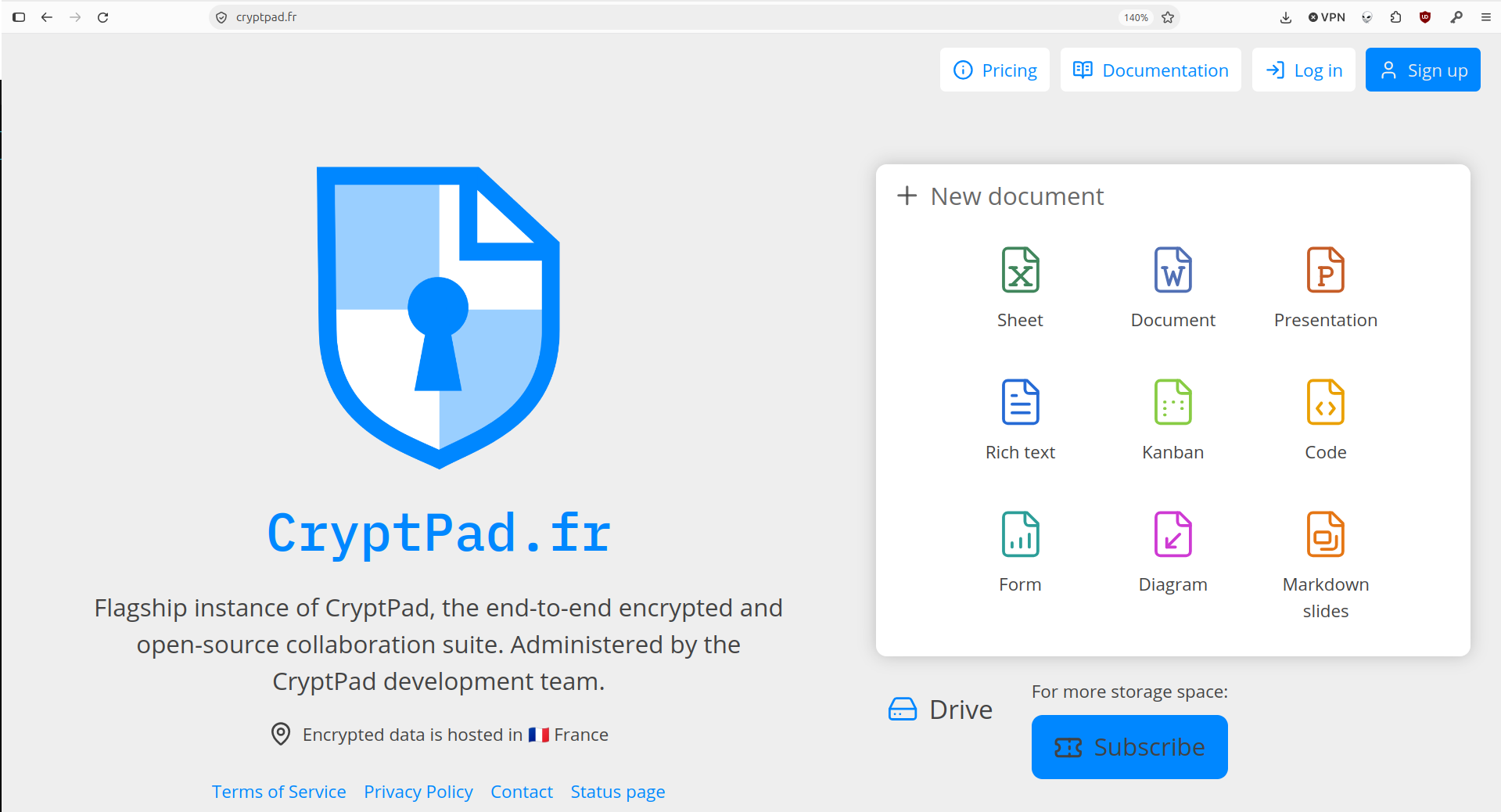 La pàgina d’inici del CryptPad en un navegador. La icona d’instal·lació de la barra d’adreces apareix ressaltada en vermell.