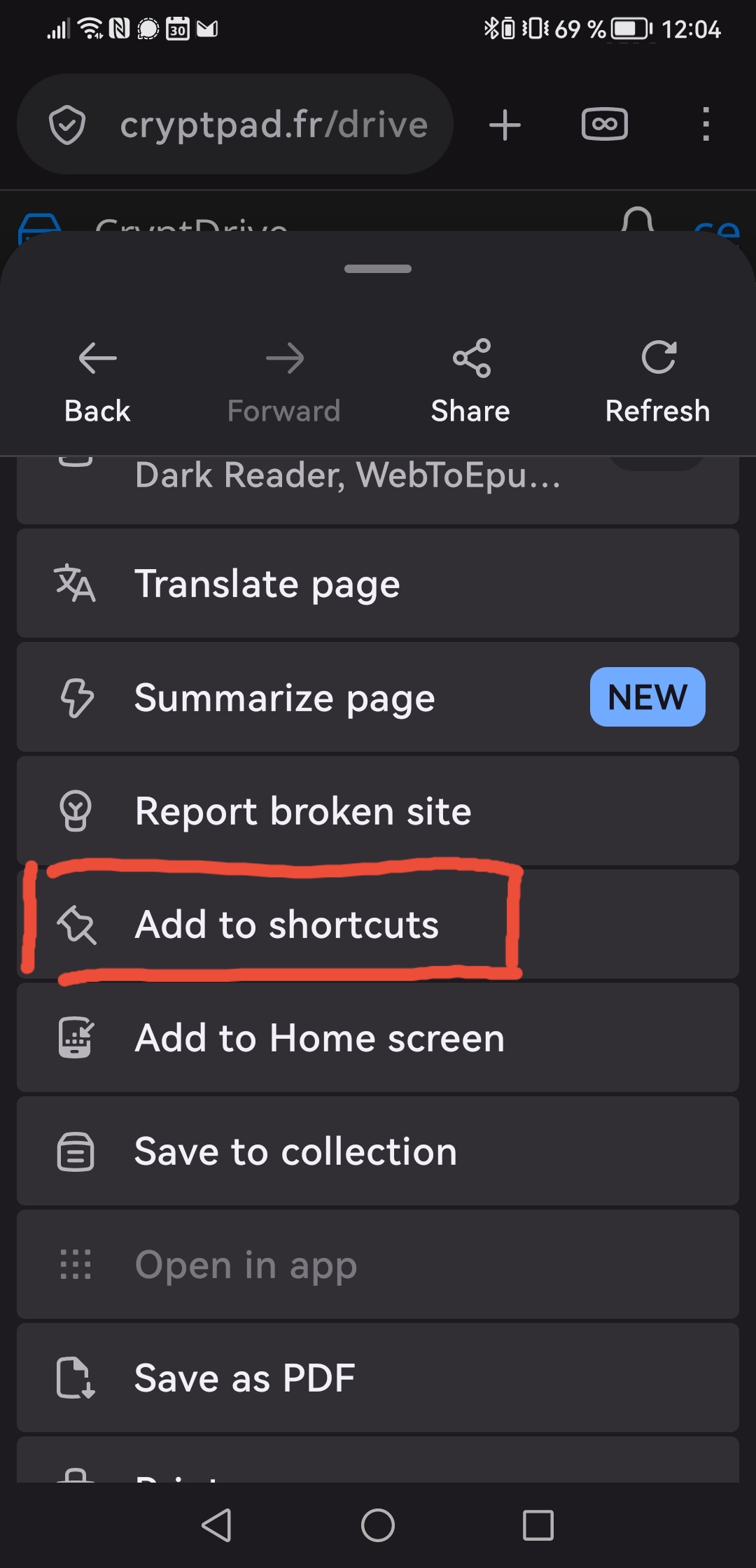 Firefox: menú ⋮ → Afegeix a les dreceres per afegir el CryptPad a la pantalla d'inici