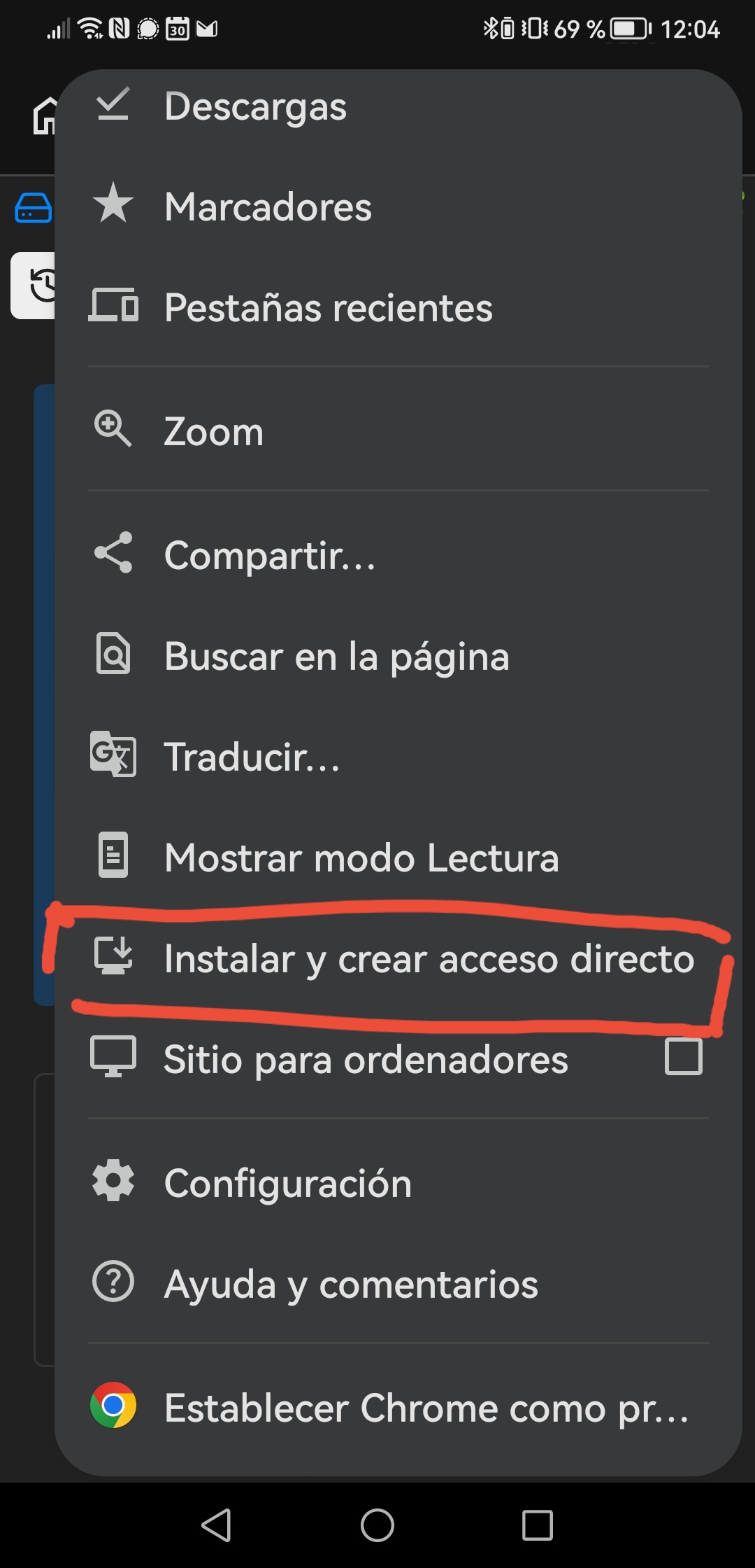 Chrome: menú ⋮ → Instal·la per afegir el CryptPad a la pantalla d'inici