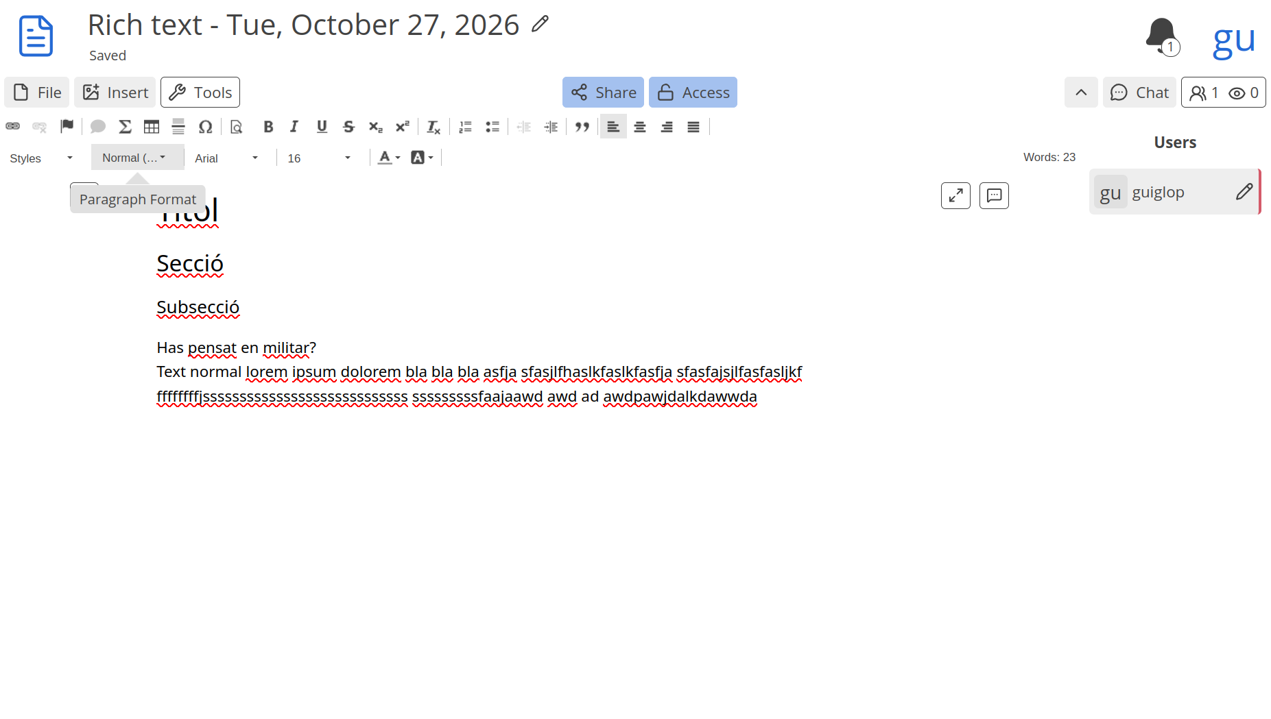 La barra de herramientas de Rich text con sus botones etiquetados.